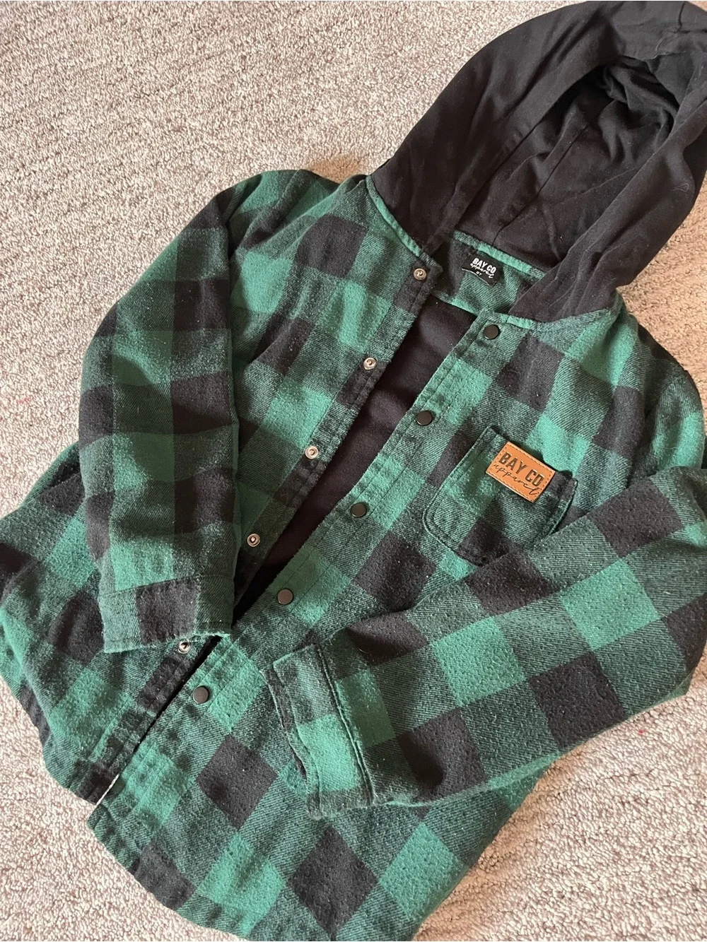 BAY CO Green & Black Buffalo Plaid Hooded Shirt Jacket